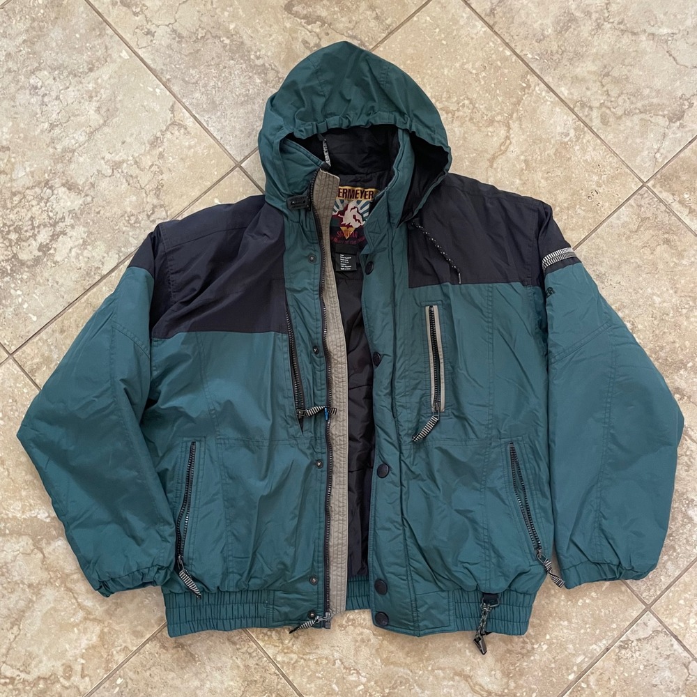 Vintage Obermeyer Mens Ski Jacket Medium Green Black Hooded Colorblock Insulated